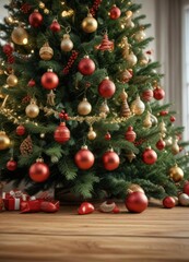 Close up of Christmas tree with decorations on wooden tabletop, wooden background, festive season