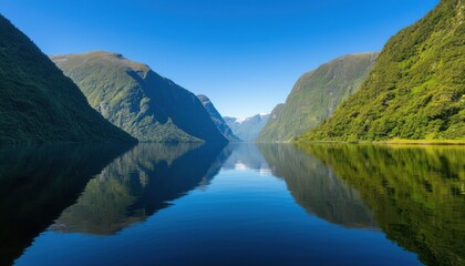 Fototapeta premium A serene landscape featuring a calm lake surrounded by towering mountains and lush greenery under a clear blue sky.