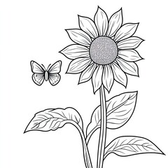 Adorable Sunflower and Butterfly Coloring Book Page for Kids
