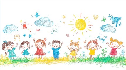 Naklejka premium Happy cartoon kids playing with in a sunny park, enjoying childhood joy