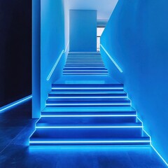 Fototapeta premium Blue Neon Lit Staircase Interior Design