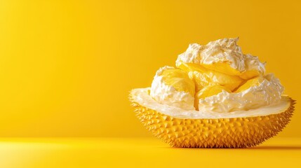 Freshly cut durian fruit on a vibrant yellow background