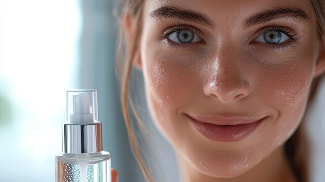 Healthy, radiant skin with a facial mist spray bottle in the foreground