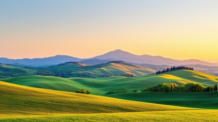 Fototapeta premium A serene landscape featuring rolling green hills, distant mountains, and a tranquil sunset sky, creating a peaceful and idyllic natural scene.