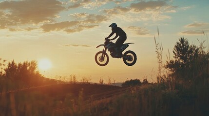 Fototapeta premium jump and motorcyclist with sunset for trick, stunt or ramp on mockup or outdoor dirt track. Expert rider on motorbike in the air with lift off for extreme sports or rally challenge in nature. 