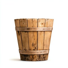 Obraz premium A rustic wooden bucket crafted from natural wood, showcasing a timeless design. Perfect for gardening, home decor, or storage, this bucket adds charm and character to any space.