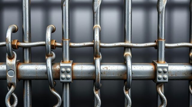 Close-up of metal strip fence with intricate details of interlocking links and bolts, bolt, pattern