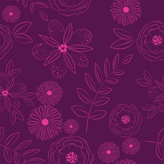 Fototapeta premium Elegant floral vector seamless pattern with pink flowers and foliage on the purple background