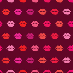 Valentine's Day seamless vector pattern with colored lip kiss on the purple background. February love theme. Holidays kisses
