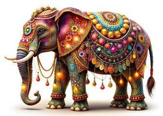 Majestic Elephant Decorated, Night Photography, White Background, AI Art
