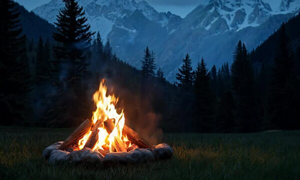 A tranquil campsite with a glowing campfire surrounded by trees and mountains, creating a serene outdoor atmosphere.