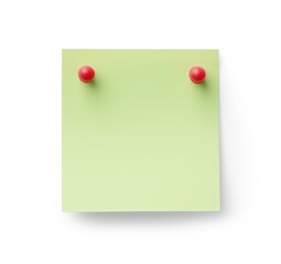 A light green sticky note with a red pin, isolated on a white background