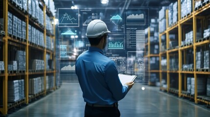 Supply Chain Manager Reviewing Digital Dashboard in Warehouse Setting