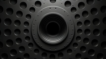 A close-up of a textured black surface with circular perforations and a central circular feature.