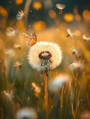 Macro photography of the flowering field of daisies and dandelions in spring. Portrait blurred view. 