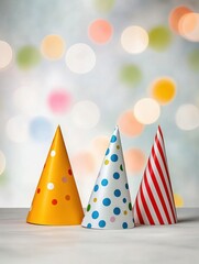 Obraz premium Colorful party hats on table celebrating joy bokeh background