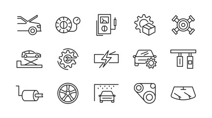 Auto service, Car repair line icon set. Spare Component, Replacement Part, Auto Spare, Car Part, Vehicle, system, energy, wash, shop, oil, maintenance line icon set. UI thin line icon pack.