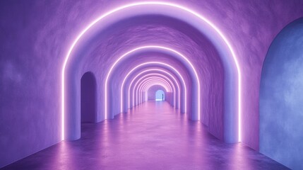 Vibrant illuminated hallway with arches and neon light accents