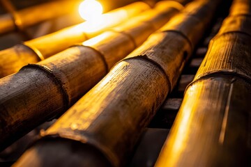 Thick bamboo stalks on both sides.