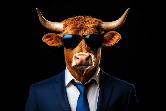 A creative representation of a bull wearing sunglasses and a suit, symbolizing confidence and style. This unique image blends animal characteristics with human fashion.