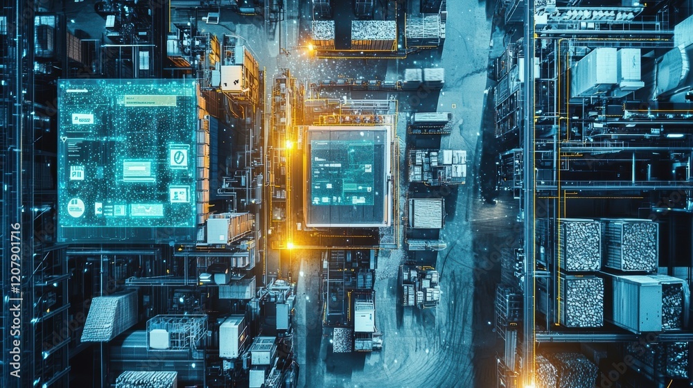 Poster futuristic industrial factory using artificial intelligence and augmented reality showing data flow 