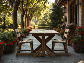 Charming outdoor seating area with rustic wooden table and chairs, vintage, relaxation