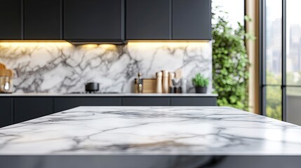 Marble desk table top view kitchen product presentation template stock photo blurry background 3d rendering.