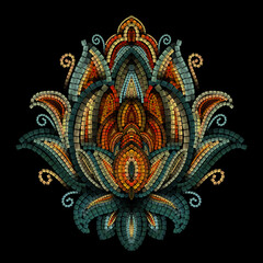 Dark Mosaic Oriental Flower Ornament on Black