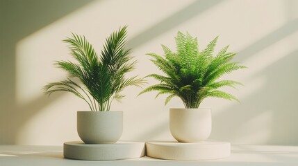 Obraz premium Lush Green Indoor Plants in Minimalistic Pots with Soft Lighting