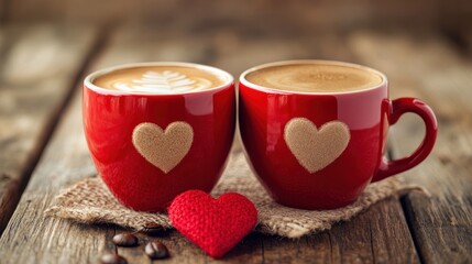 Two Red Mugs with Coffee and Hearts on a Rustic Wooden Table Perfect for Couple