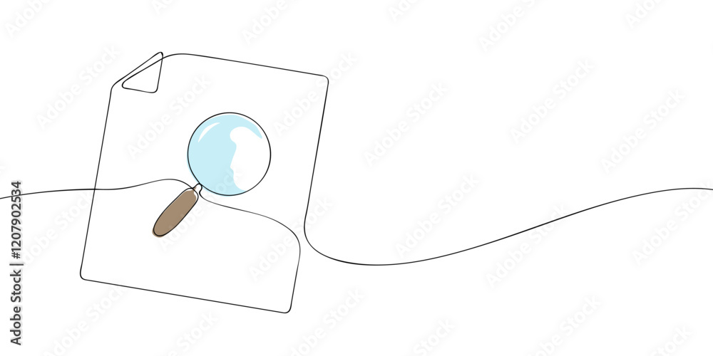 Poster a single line drawing of a search file. continuous line search program icon in color. one line icon.