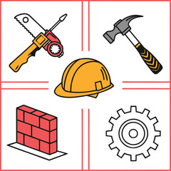 This graphic features a set of simple, colorful line icons representing construction tools and equipment.