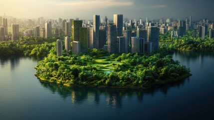 Obraz premium Urban Oasis Surrounded by Water and Lush Greenery in Cityscape