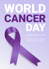 Banner World Cancer Day Trendy Style. Poster with Purple Gradient Ribbon. Vector Illustration. Background Cancer protection concept. Design Bright Ribbon for Disease Awareness.