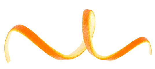 Spiral skin of fresh orange fruit isolated on a white background. Citrus zest.