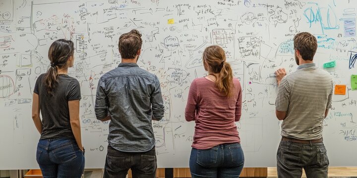 A group sketching ideas on a large whiteboard during a brainstorming session.