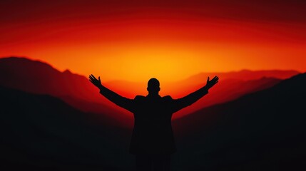 Fototapeta premium Hiker reaching summit at sunset mountain range photograph dramatic sky 