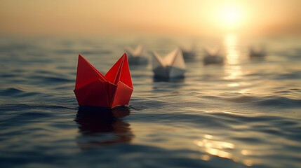 Red Paper Boat Leading White Boats at Sunset on Calm Ocean Water