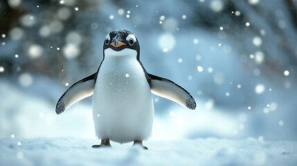Fototapeta premium A penguin with front face in a ice location, stretching its wings.
