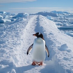 Fototapeta premium Antarctic penguin walks ice ridge, glacier background, wildlife documentary