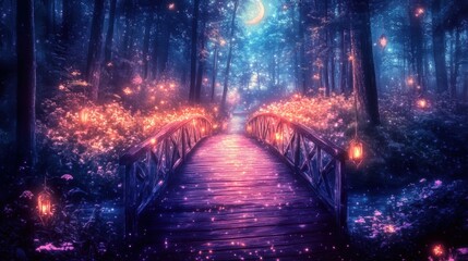 Enchanted Forest Bridge with Lanterns and Glowing Lights at Night