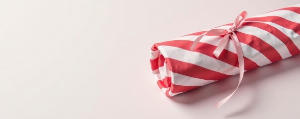 Red and white striped paper wrapping around a cylindrical object, wrapping, white, present