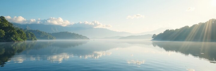 Fototapeta premium Serene lake on a calm morning with a few small clouds drifting across, still waters, reflective surface, gentle breeze