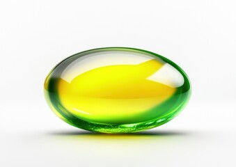 Close-up of a single, translucent yellow and green capsule on a white background.