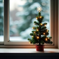 Fototapeta premium Small snowflake Christmas tree on a windowsill, fresh air, christmas tree