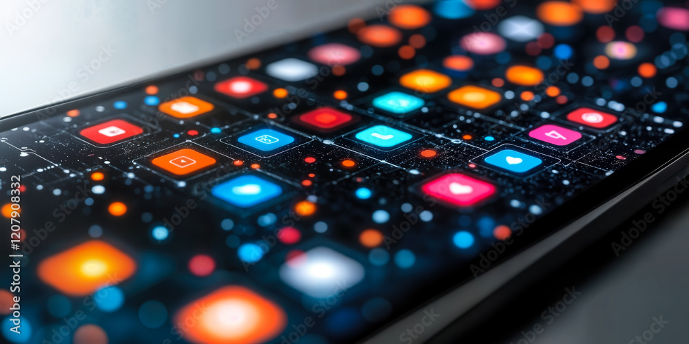 Poster real-time mobile app deployment interface with dynamic updates and icon visuals
