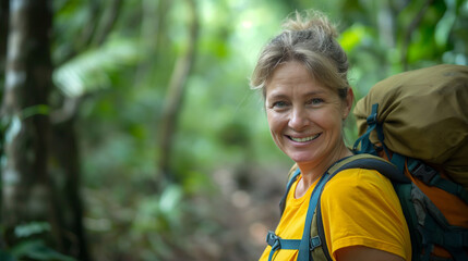 Naklejka premium Elderly woman hiking in Amazon rainforest, smiling.