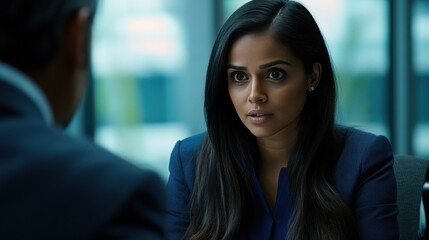 Focused Woman in Serious Business Conversation, Corporate Office Setting