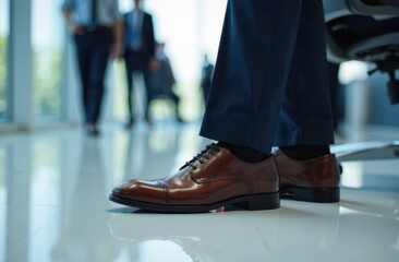 Obraz premium Close up of men's boots on light clean floor, against office space background