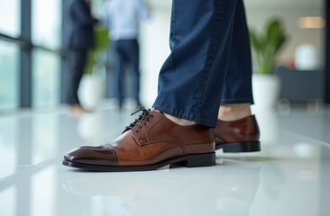 Close up of men's boots on light clean floor, against office space background